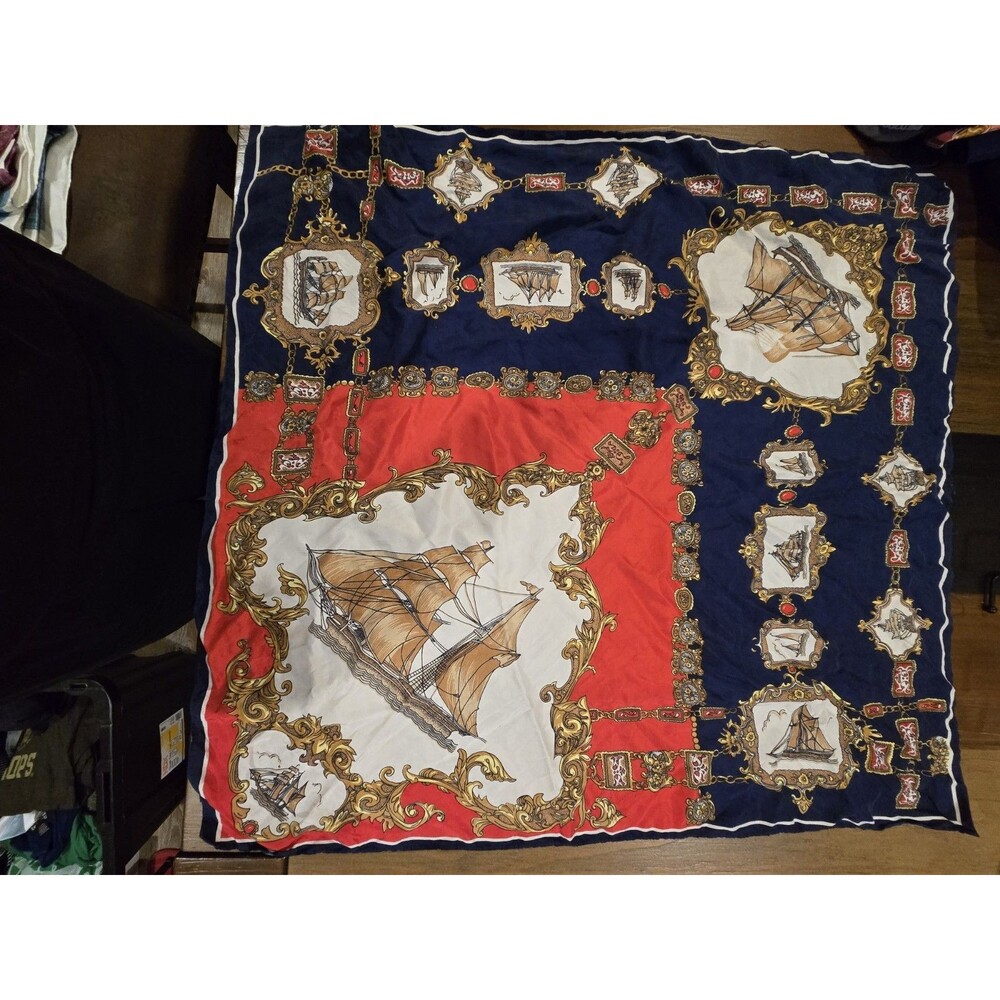Vintage Shanghai Tang Silk Scarf Scarves nautical tall ship baroque Navy Red